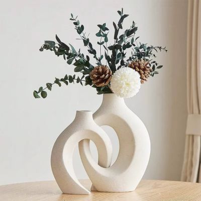 Vase Décoratif Nordique - Design élégant - Vase  à fleurs blanche avec fleurs blanches et couleur café - NordicCharm™ - JardinPam 